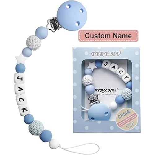Personalized Pacifier Clip with Name, Customized Pacifier Clip Fits All Pacifiers, Binky Holder Soothie Paci Clip, Handmade Baby Birthday Gift for Boys and Girls, Blue