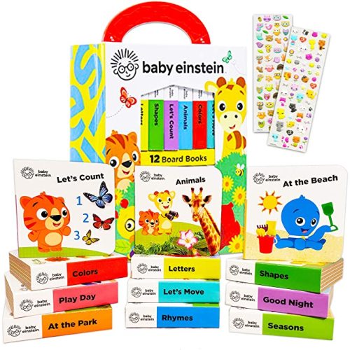 PIP Baby Einstein Board Books Set Toddlers Babies Bundle ~ Baby Einstein My First Library 12 Book Set Baby Einstein Board Book Block with Stickers (Baby Einstein Books for Infants)