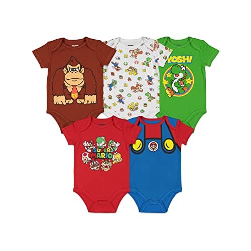 Super Mario Nintendo Donkey Kong Yoshi Mario Lugi Bowser Toad 5 Pack Short Sleeve Bodysuits Newborn to Infant