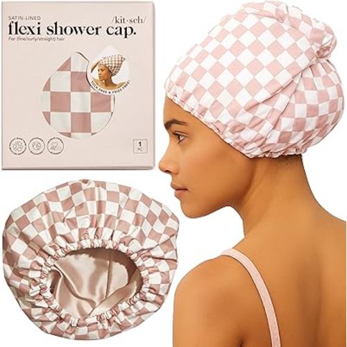 Kitsch Luxury Satin-Lined Flexi Shower Caps for Women Reusable Waterproof - Large Wide Shower Cap for Women & Men, Adjustable, Stylish Hair Cap for Showers, For Long & Short Hair - Terracotta Checker