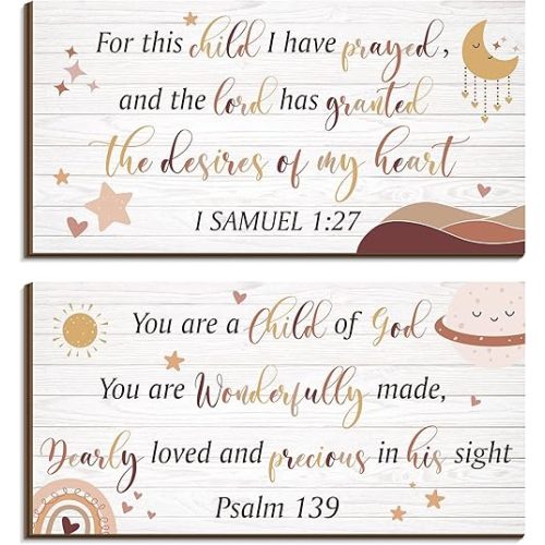 2 Pcs Wood Nursery Wall Decor for Girls Boys Baby Girl Room Decor for Nursery Christian Nursery Wall Art This Child I Have Prayed Bible Quote Wall Hanging Sign for Kids Home 12 x 6 Inch (Cute)