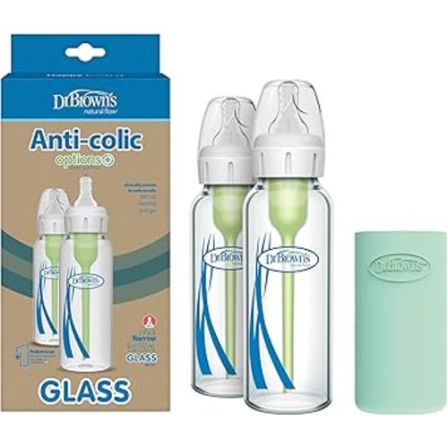 Dr. Brown's Natural Flow Anti-Colic Options+ Narrow Glass Baby Bottle 8 oz/250 mL 2 Pack with Level 1 Slow Flow Nipple and Silicone Sleeves for Glass Bottles, Mint