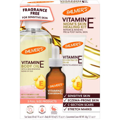 Palmer's Vitamin E Skin Healing Kit: Moms' care for pre/post-natal skin, targets marks/scars, fragrance-free, gentle.