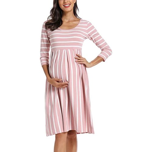 BBHoping Women’s Casual Striped Maternity Dress Short&3/4 Sleeve Knee Length Pregnancy Clothes for Baby Shower - H-dark Pink White Stripe - Medium