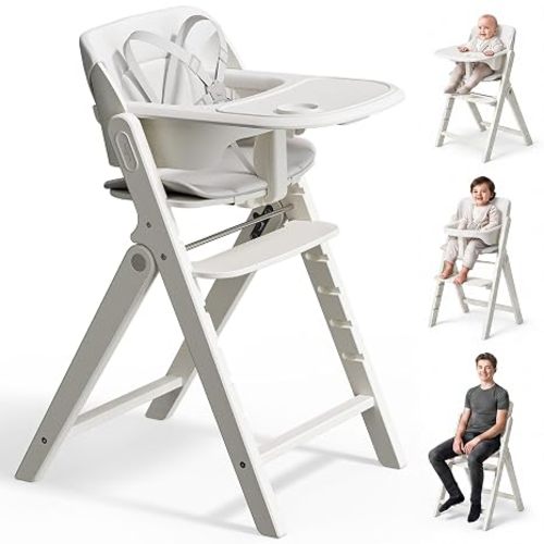Mamazing GrowPod Pro Wooden Baby High Chair for 6 Months to 220lbs, Easy to Clean with Tray, Compact Foldable Highchair for Kitchen & Dining Room, with 5-Point Safety Harnesses and Guard Bar