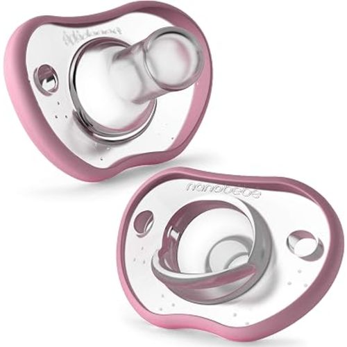Nanobebe Baby Pacifiers 0-3 Month - Orthodontic, Curves Comfortably with Face Contour, Award Winning for Breastfeeding Babies, 100% Silicone - BPA Free. Perfect Baby Registry Gift 2pk,Pink