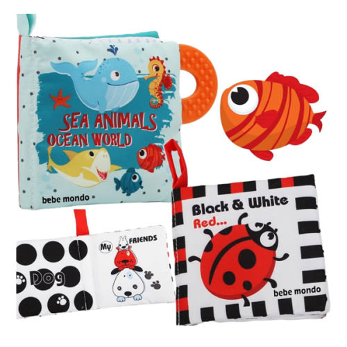 High Contrast Baby Books, Black and White Cloth Crinkle Books for Babies Infant Toys 0-3-6-12-18 Months, Shower Baby Gifts, Teething Teether Sensory Toy for Boys Girls, Fish, 2PCS