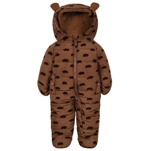 Baby Boys' Flocked Bear-Print Fleece-Lined Hood Easy-On/Easy-Off Snowsuit