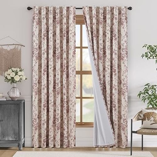 jinchan Blackout Linen Blend Curtain Floral Curtains for Living Room 84 Inch Length Brick Red Printed Curtain with Lined Blackout Curtains for Bedroom Farmhouse Curtains Set 2 Panels