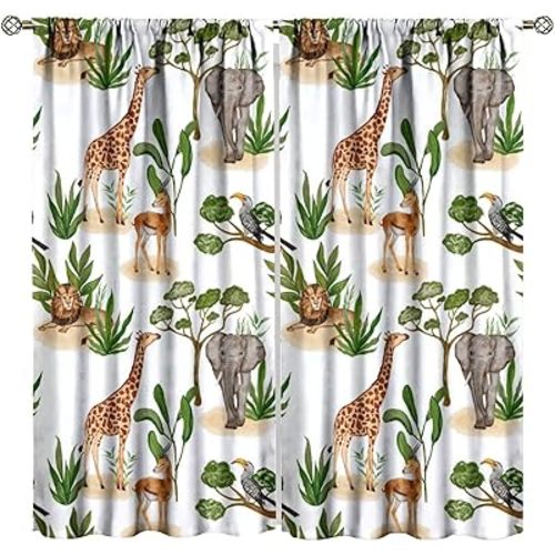 Rainforest Animals Curtains Tropical Plant Elephant Art Printed Window Drapes for Bedroom Living Room Decor Fabric Polyester 2 Panel W21xL45in 30% Blackout