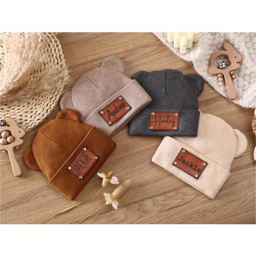 Personalized Baby Beanie with Bear Ears, Custom Beanie with Name Patch,Personalized Baby Beanie,Newborn Baby Beanie Hat,Leather Patch Beanie