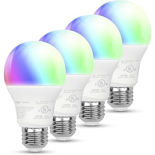Amazon Basics Smart A19 LED Light Bulb, Color Changing, 9W (60W Equivalent), 800LM, Works with Alexa Only, 2.4 GHz Wi-Fi, No Hub Required, 4 Pack