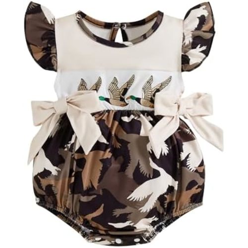 Duck Hunting Baby Clothes Infant Baby Girls Mallard Duck Embroidered Camoflage Bubble Romper Summer Ruffle Bodysuit