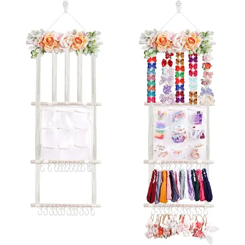 cherrboll Hair Bows Holder Headband Organizer for Girls, Hair Clips Hanger Storage with Hooks, Wall Hanging Decor for Nursery Room
