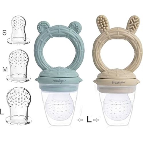 Baby Fresh Fruit Feeder Pacifier 2 Pack Food Grade BPA-Free Silicone Pouches and Nipples Infant Baby Teether Toy 3M+ (Green Bear & Khaki Bunny)