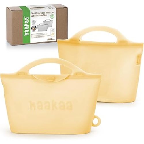 Haakaa Silicone Microwave Steamer & Steriliser Bag,70oz/2000ml Large Capacity Reusable Steaming Bags for Baby Bottles,Breast Pump/Accessories/Pacifiers/Teethers,Great for Home&On-The-Go,Pineapple/2PCS
