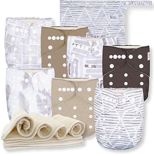 Nora's Nursery Cloth Diapers 7 Pack with 7 Inserts & 1 Wet Bag - Waterproof Cover, Washable, Reusable & One Size Adjustable Pocket Diapers for Newborns and Toddlers - Earthy Boho