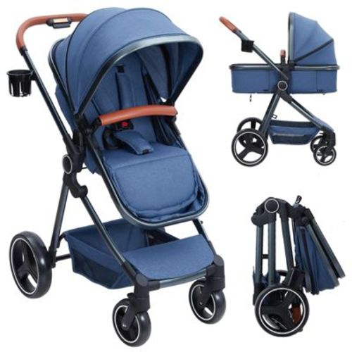 2 In 1 High Landscape Convertible Baby Stroller, Foldable Pushchair, Newborn Reversible Bassinet Pram With Adjustable Canopy