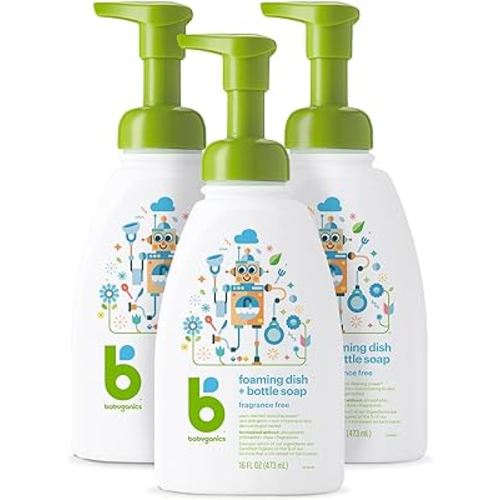 Babyganics Foaming Dish & Bottle Soap, Pump Bottle, Fragrance Free, Plant-Derived Cleaning Power, Removes Dried Milk, 16 Fl Oz, (Pack of 3), Packaging May Vary