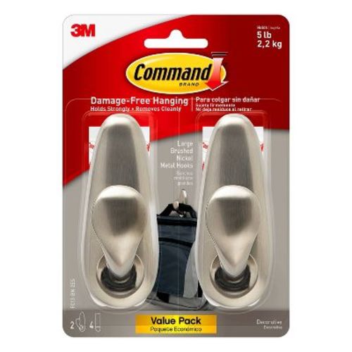 Command Large Forever Classic Hooks Brushed Nickel: Metal Decorative Hooks, 5 Lb Capacity, 2 Pack, Silver Finish