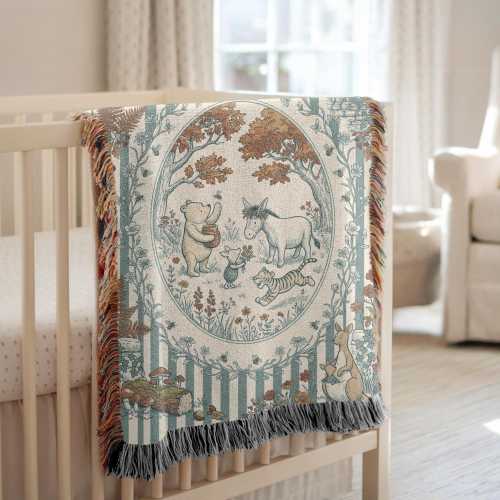 Winnie the Pooh Woven Cotton Blanket, Heirloom Storybook Throw, Cottagecore Nursery Decor