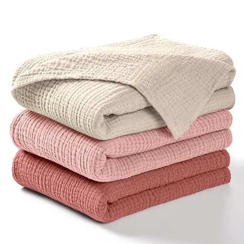 Dreamology Muslin Swaddle Blankets for Boys and Girls,3-Pack Soft & Breathable, Skin-Friendly, Soft Silky Wrap Cotton Baby Muslin Swaddle Blankets for Unisex Newborn (Rose/Pink/Ecru)