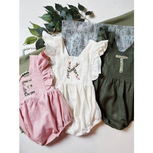 Girls Embroidered Linen Romper Ruffle Sleeves | Newborn Infant Baby Onesie | Floral Letter | Baby Personalized Summer Spring Clothing