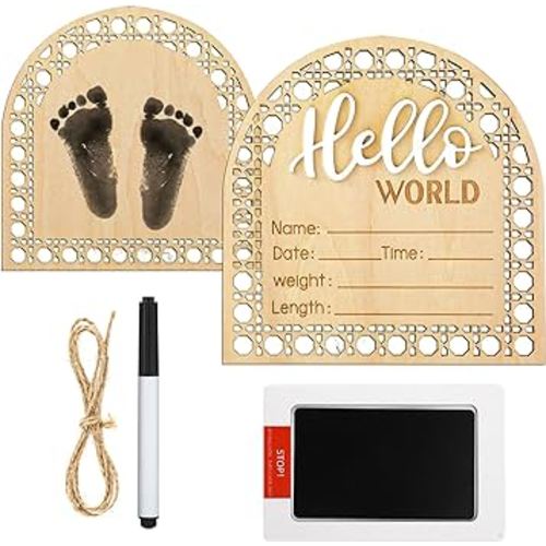 Baby Announcement Sign, 5.9 Inch Hollow Out Wooden Hello World Newborn Sign Baby Nursery Name Signs with Ink Pad for Baby Hand and Footprints Photo Prop, Baby Shower