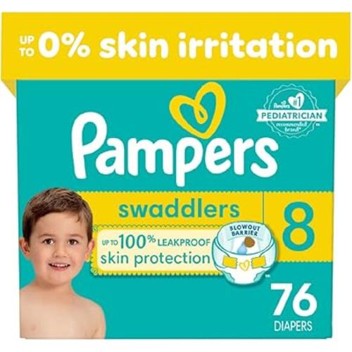 Pampers Swaddlers Diapers - Size 8, One Month Supply (76 Count), Ultra Soft Disposable Baby Diapers