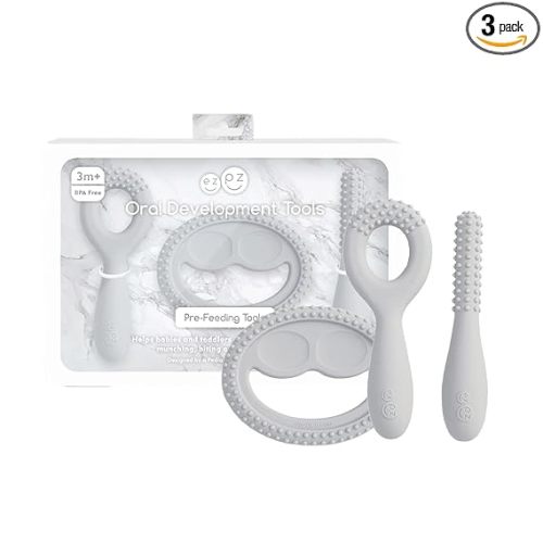 ezpz Oral Development Tools (3 Pack in Pewter) - 3 Months+ - Non-Slip Loop, Smile and Stick 100% Silicone Tools - Prepare for Chewing + Solids - Baby-Led Weaning Supplies