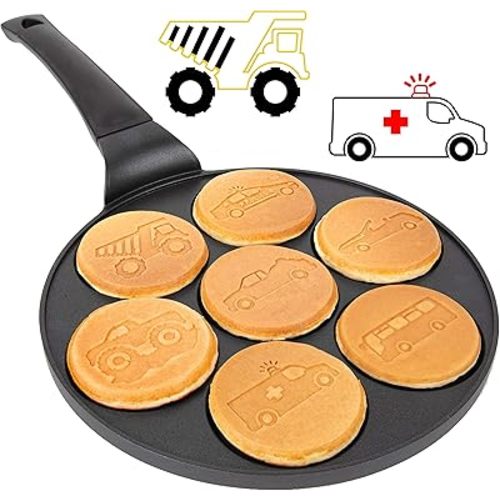 Car & Truck Mini Pancake Pan - Make 7 Unique Flapjack Cars, Nonstick Pan Cake Maker Griddle w Long Handle for Breakfast Fun & Easy Cleanup, Unique Morning Treat or Special Baking Gift for Kids