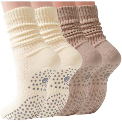 Pilates Slouch Crew Socks for Women, Grip Yoga Socks with Non Slip Grippers for Barre Ballet Dance Hospital Workout