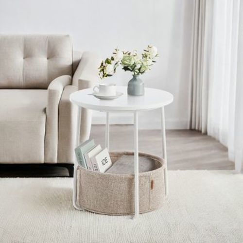 Small Side Table With Storage Round End Tables Living Room Side Tables For Small Spaces Bedroom Matte White And Camel Brown