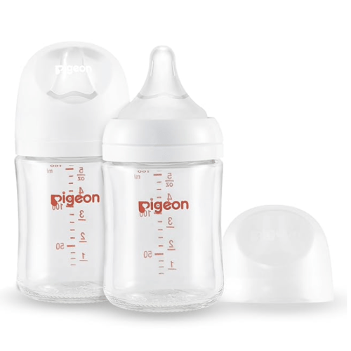 Pigeon Glass Nursing Bottle Wide Neck, Anti-Colic, Streamlined Body, Natural Feel, Easy to Clean, Heat-Resistant, 5.4 Oz (Pack of 2), Includes 2pcs SS Nipples (0m+)