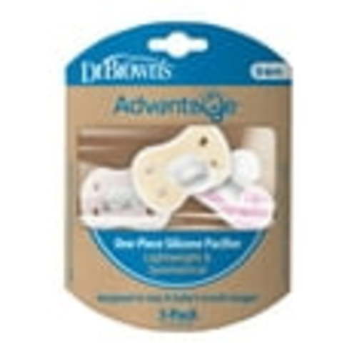 Dr. Brown's Advantage One-Piece Silicone Baby Pacifier, Fully Symmetrical, Ecru/Light Purple/Pink,, 0-6m, BPA Free, 3 Pack