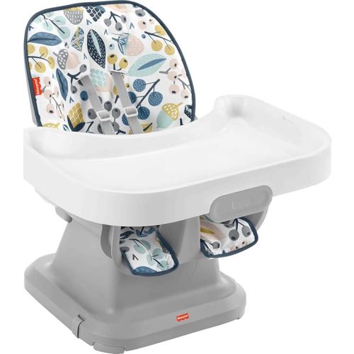 Fisher-Price SpaceSaver High Chair Navy Foliage, portable infant-to-toddler dining chair and booster seat with easy clean up features
