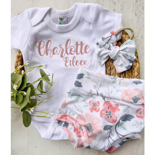 Blush Floral baby girl outfit with bummies, Pink on White baby girl gift idea,
