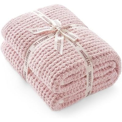Snuggle Sac Ultra Soft Waffle Throw Blanket for Couch Bed Sofa 50x60 inches, Reversible Pink Blanket Microfiber Fluffy Fuzzy Cozy Knit Throws for Women Mothers Birthday Gifts