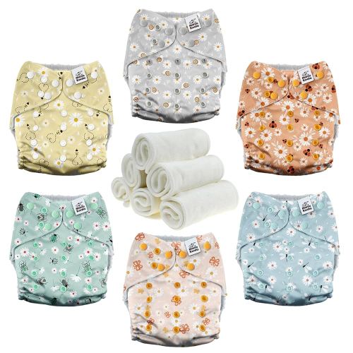 Mama Koala 3.0 Pocket Cloth Diapers for Babies with AWJ Lining, 6 Pack with 6 4-Layer Natural Cloth Diaper Inserts - Reusable and Washable Pocket Diapers(Garden Beetles)