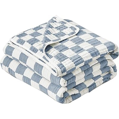 Ultra Soft Cozy 6-Layer Muslin 100% Cotton Baby Blanket 30"x35" Breathable Lightweight Checkered Swaddle Blankets for Baby Toddlers Birthday Gifts All Seasons Both Sides (Blue)