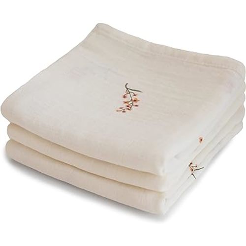 mushie Muslin Baby Cloths | 100% Organic Cotton | 23.5" x 23.5" (Flowers) 3-Pack
