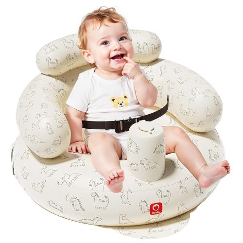 QPAU Inflatable Baby Seat with Safety Harness for Babies 3 Months & Up, Baby Floor Seats for Sitting Up, Baby Seats for Infants, Blow Up Baby Chair with Built in Air Pump (Dinosaur)