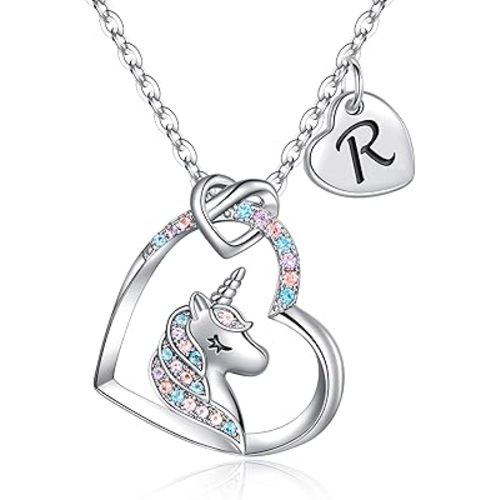 Hidepoo Unicorn Necklace Gifts for Girls Daughter - Colorful CZ Heart Pendant Initial Unicorn Necklaces for Girl Teens Little Girls Jewelry Birthday Gift