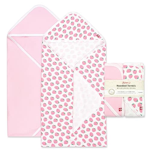 Zutano Hooded Baby Towels, Organic Cotton Baby Bath Towel, Ultra Soft and Absorbent Baby Towel for Newborn and Infant | Girl, Boy, and Unisex Towel Set, Strawberries, 2-Pack