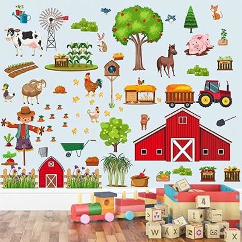 Funny Farm Wall Decals Cartoon Farm Animal Wall Stickers Removable Farmhouse Vegetable Farm Cow Horse Chicken Wall Stickers Farm Life Wall Decals for Kids Room Nursery Playroom Classroom Decor