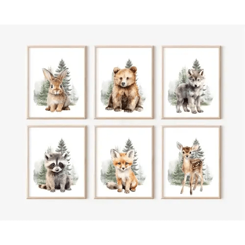 Woodland Animal Nursery Wall Art Decor Set of 6 Baby Boys Room Wall Art Forest Animal Canvas Wall Decor for Bedroom Kids Art Prints Watercolor Bear Deer Fox Pictures Artwork, 8x10 Inch Unframed