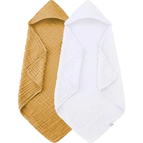 2 Pack Hooded Baby Towels - 100% Muslin Cotton for Newborns, Infants, Toddlers - Large 32x32Inch Size - Highly Absorbent and Essential for Newborn Care, White and Honey
