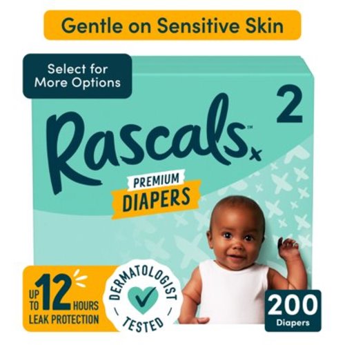 Rascal + Friends Premium Size 2 Diapers, 200 Count, Leak-Proof, Dermatologically Certified, Chlorine and Fragrance-Free