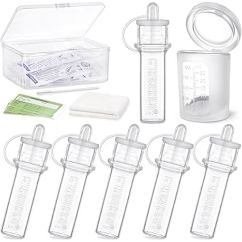 haakaa Colostrum Collectors 6ml/6pcs & Lidded Feeding Cup 25ml/1pc Set- Collect, Store & Feed Colostrum in One, Ready-to-Use Individually Wrapped, Reusable & Leakproof Colostrum Syringes