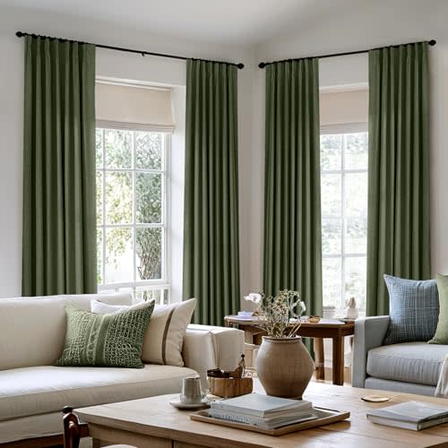 MIULEE Olive Green Pinch Pleated 100% Blackout Linen Curtains for Bedroom, Room Darkening Dark Green Window Curtains 84 inches Long for Living Room, Black Out Pleat Drapes with Pin Hooks, 2 Panels